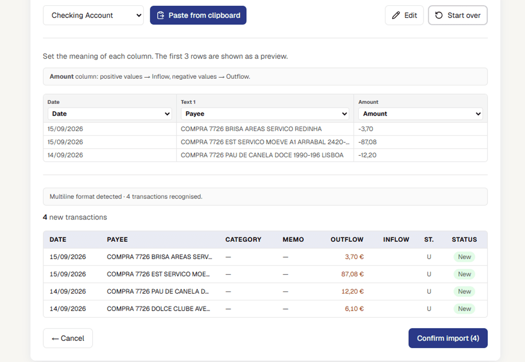 The Bee Balance Smart Paste import screen with pasted transactions recognised and ready to save.